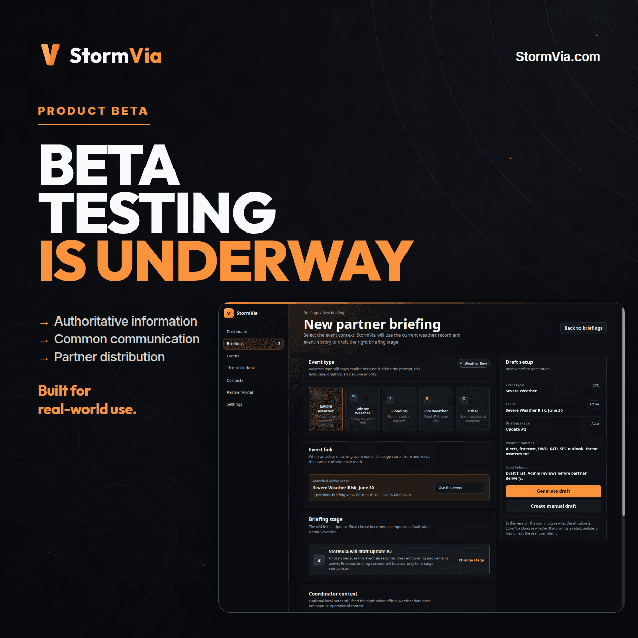 StormVia product beta announcement artwork: beta testing is underway, with authoritative information, common communication, and partner distribution