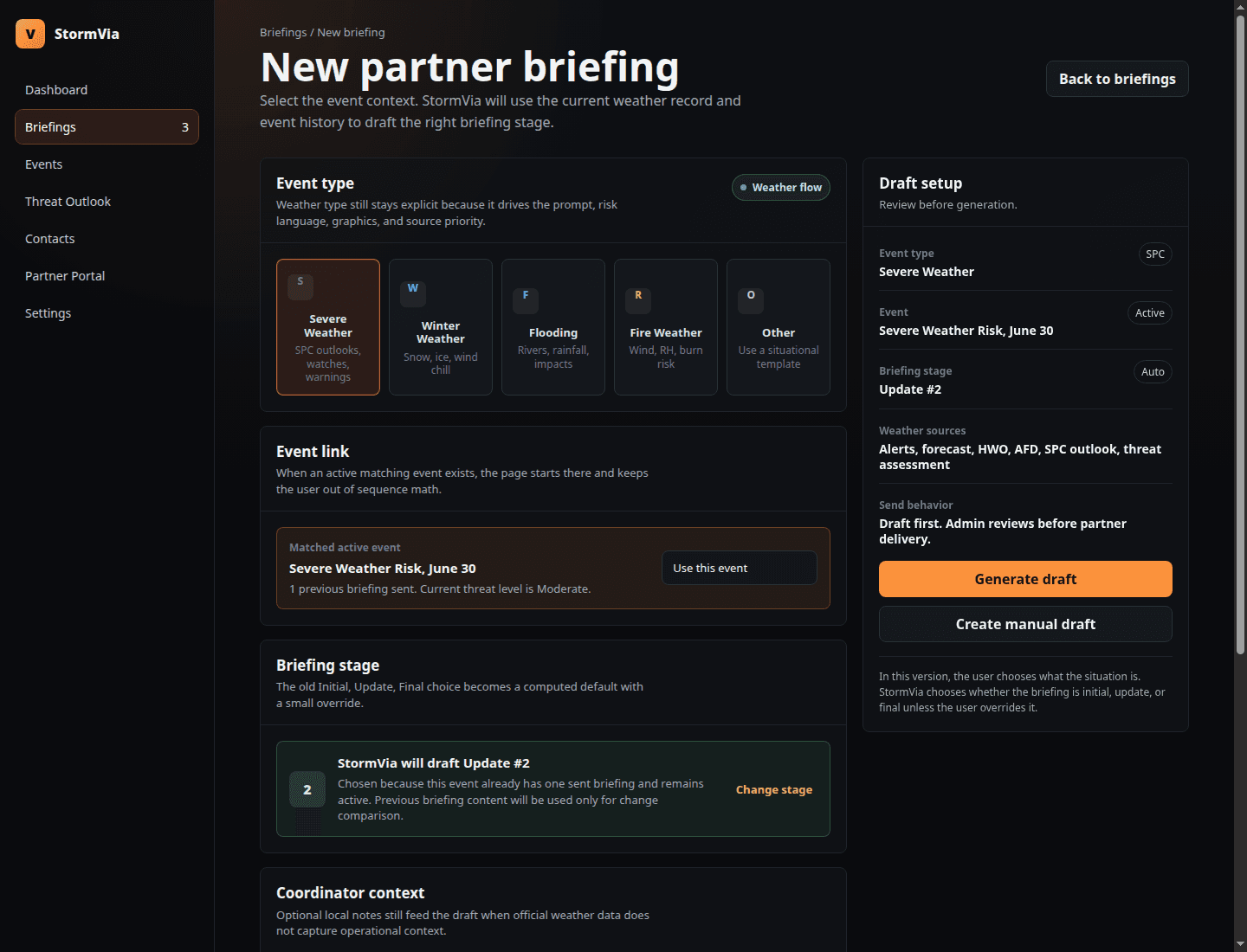 StormVia beta briefing setup preview with event context, sources, and a draft review panel