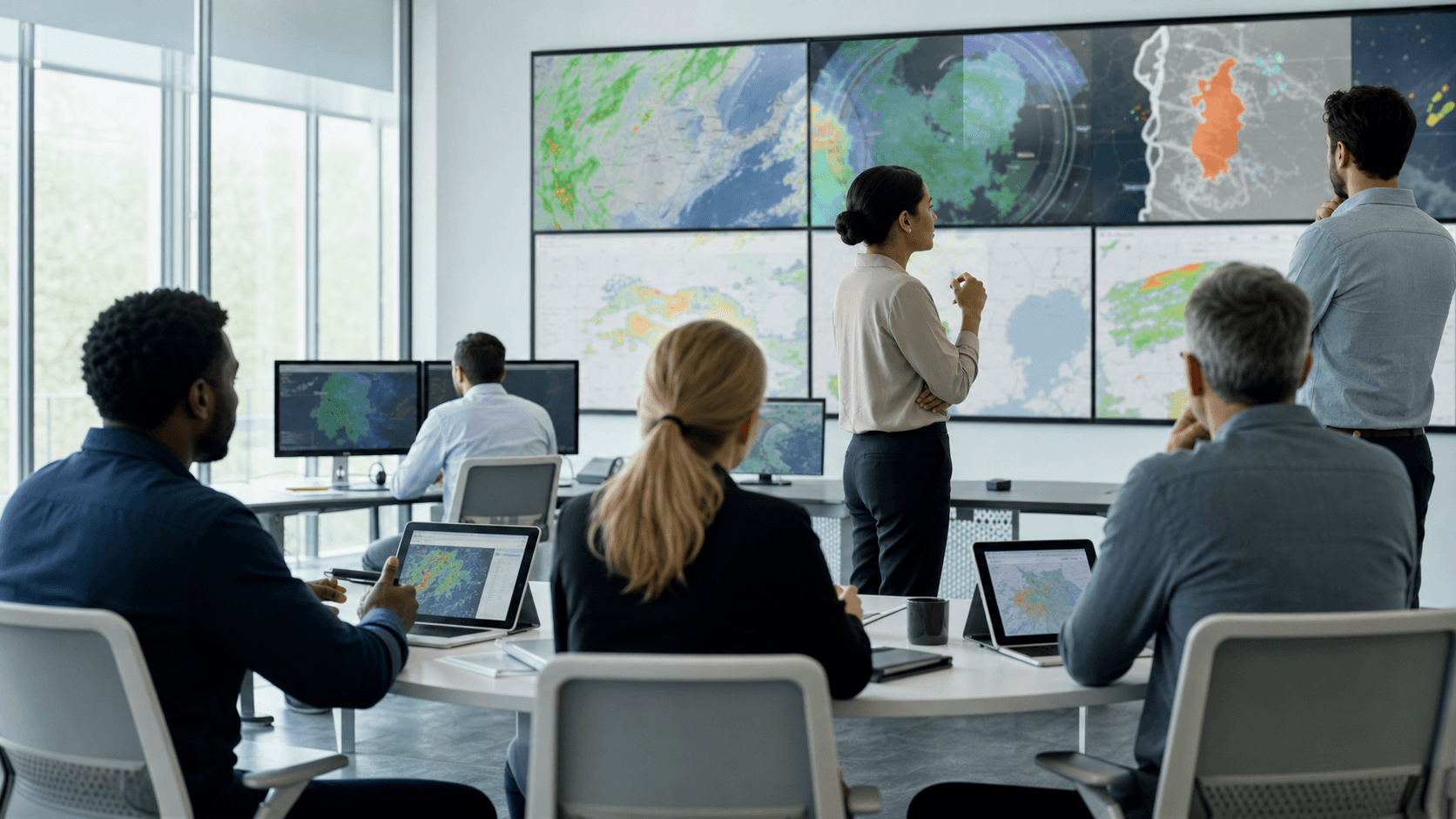 A calm operations team reviewing weather information together